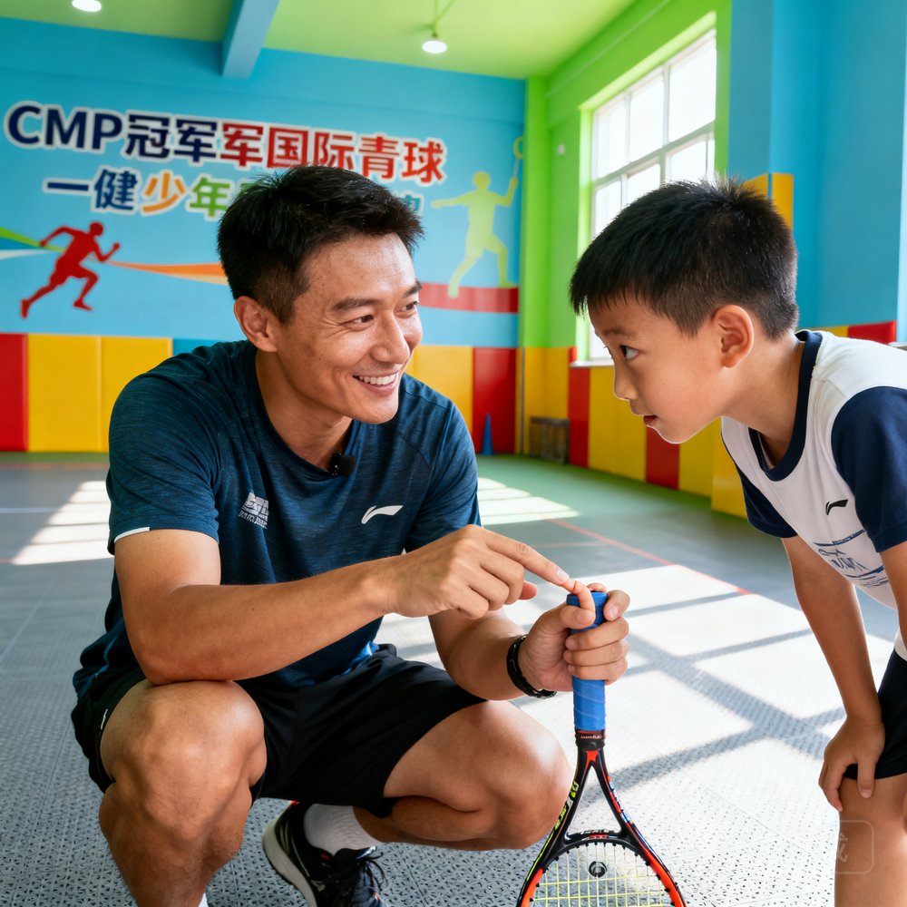 CMP冠军国际青训教练张伟，蹲下身子与一位约7岁的小学员平视，用手轻轻调整学员握拍的手指位置，表情温和带笑，小学员认真聆听，背景是色彩明亮的青少年训练区。