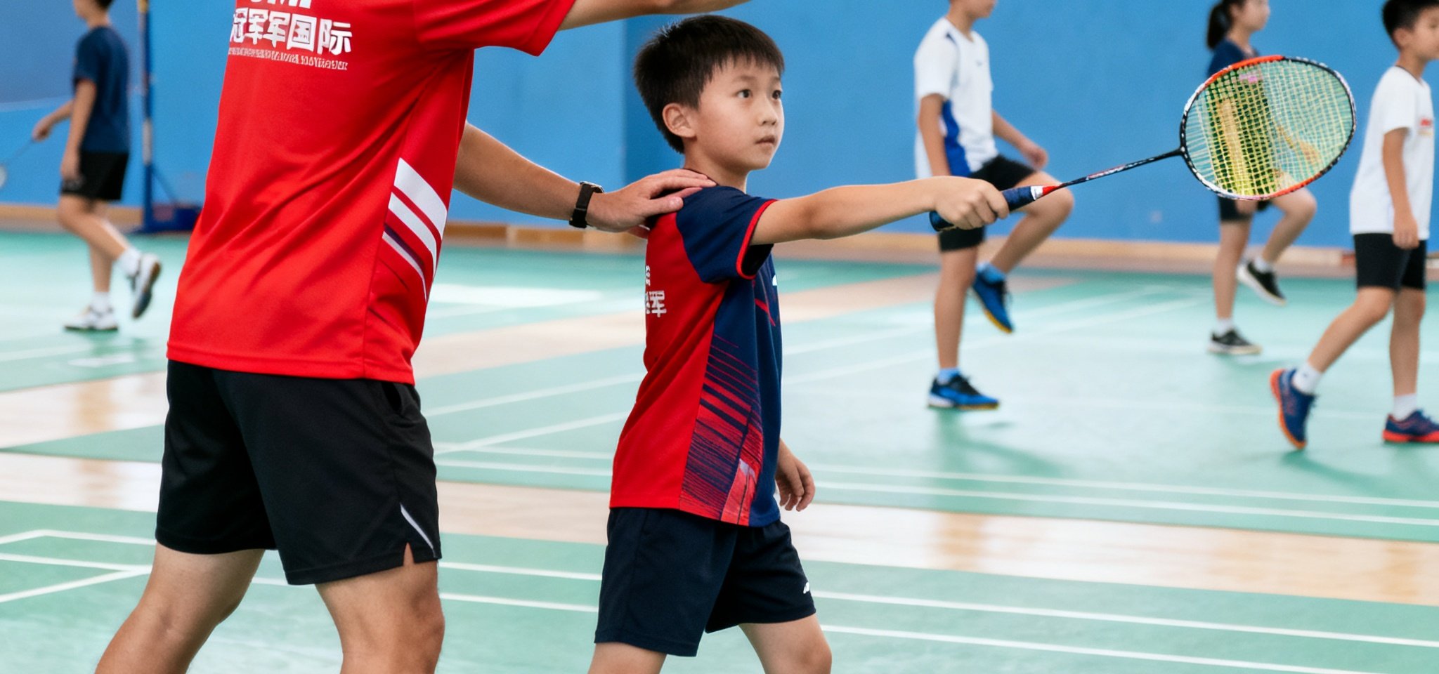 CMP冠军国际青少年羽毛球训练场景，一名身穿红色教练服的教练正在耐心指导一位约10岁的学员练习正手高远球的挥拍动作，学员专注地模仿教练的姿势，背景中其他学员正在进行步伐训练。