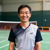 成人学员李先生头像照片，一位约35岁的男性，穿着运动T恤，面带微笑站在羽毛球场边。